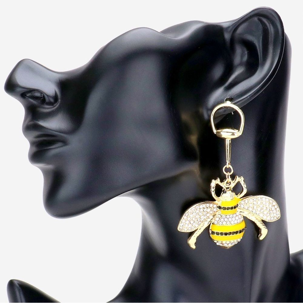Gold Rhinestone Embellished Enamel Honey Bee Dangle Statement Earrings